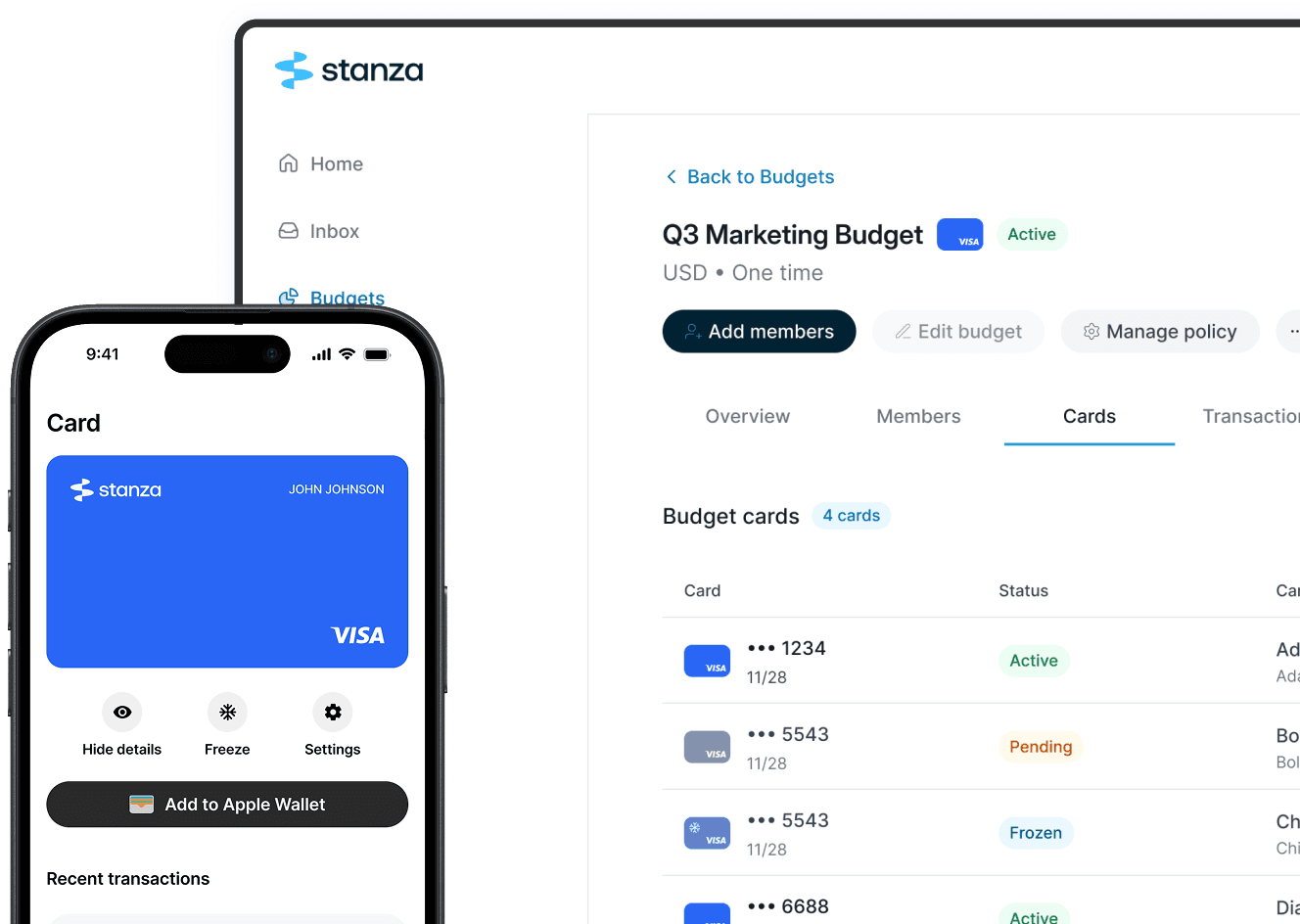 Stanza card screen alongside the budget cards dashboard