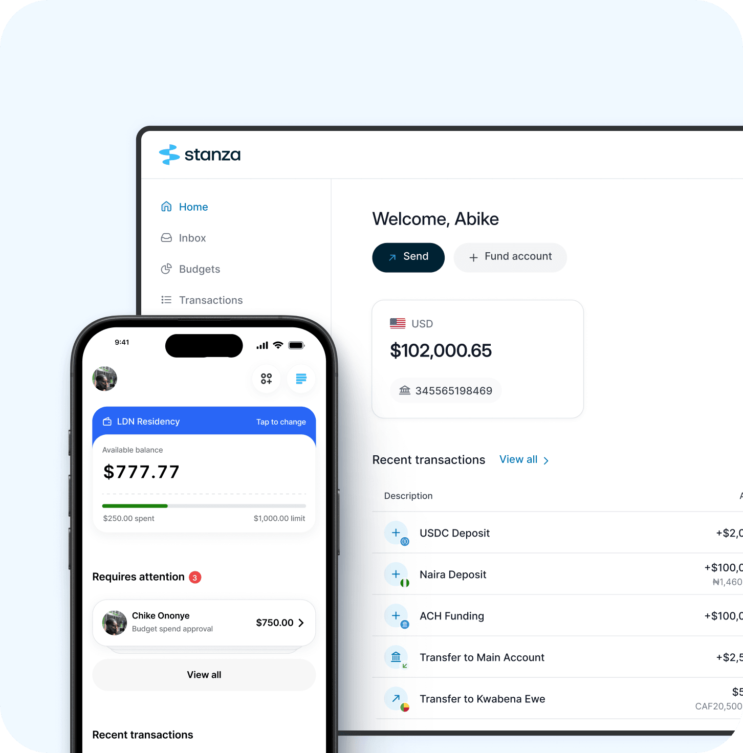 Stanza dashboard and mobile budget view