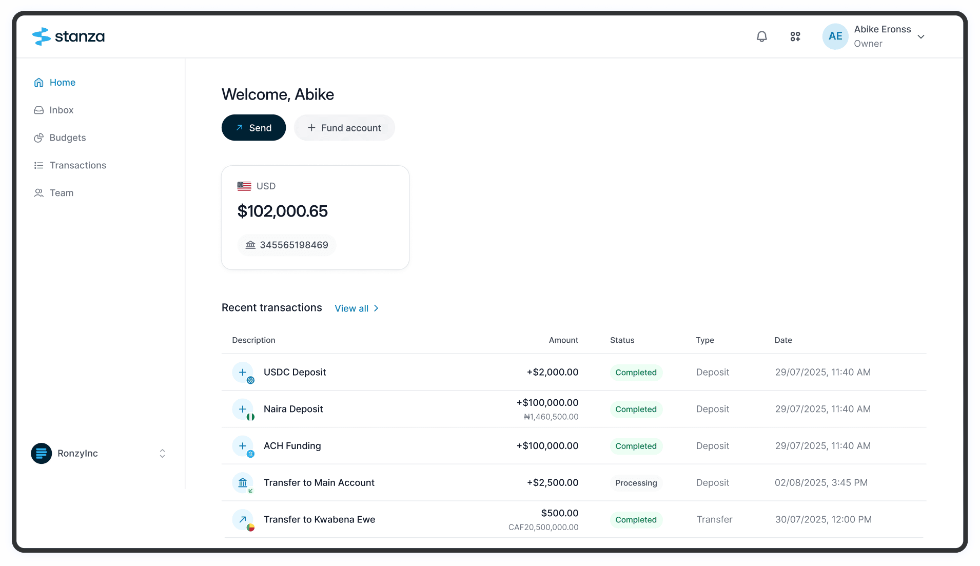 Stanza dashboard showing balances, deposits, and recent transactions
